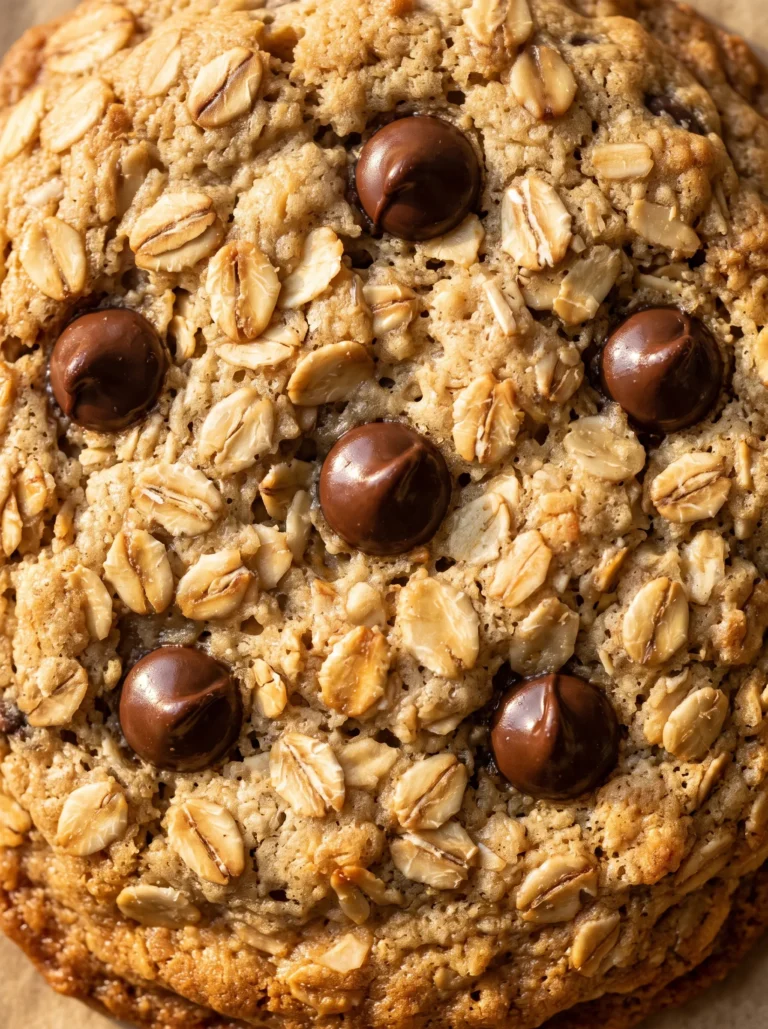 Extreme macro close-up of healthy banana oatmeal cookie surface — golden-brown crust, individual oat flakes, glistening dark chocolate chips, naturally sweetened