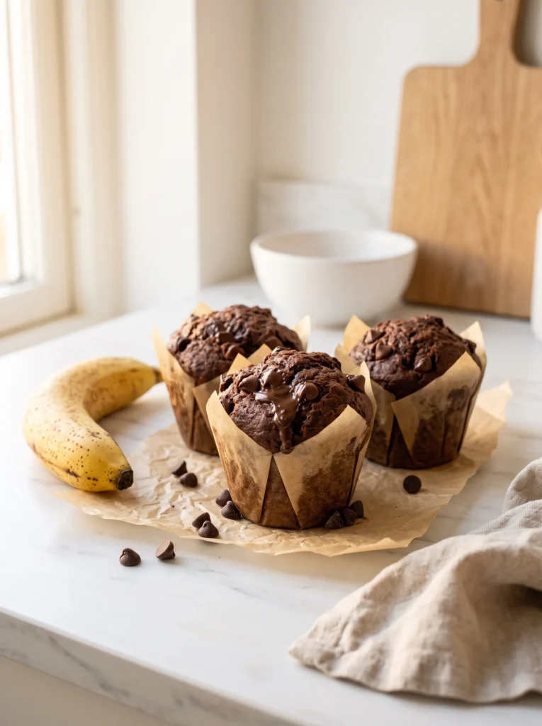 high protein banana muffins with melted chocolate chips on white marble