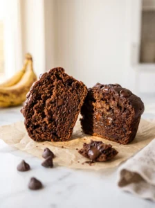 high protein banana muffin split open showing fudgy chocolate interior