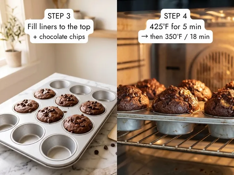 high protein banana muffins — filling muffin tin with chocolate batter and domed tops rising in oven at 425°F