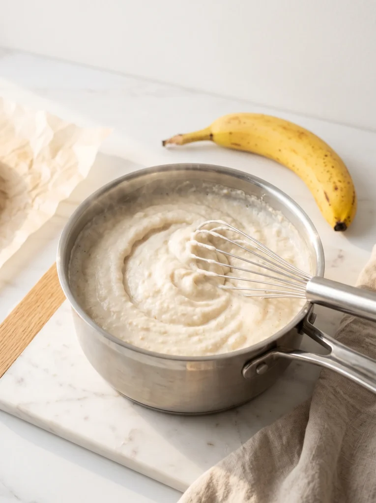 egg whites whisked into hot oatmeal in a saucepan, fluffy creamy texture forming, high protein banana oatmeal technique