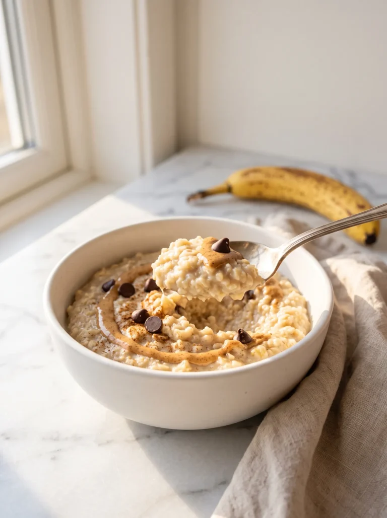 spoon dipping into high protein banana oatmeal bowl revealing creamy fluffy texture, almond butter drizzle, white marble
