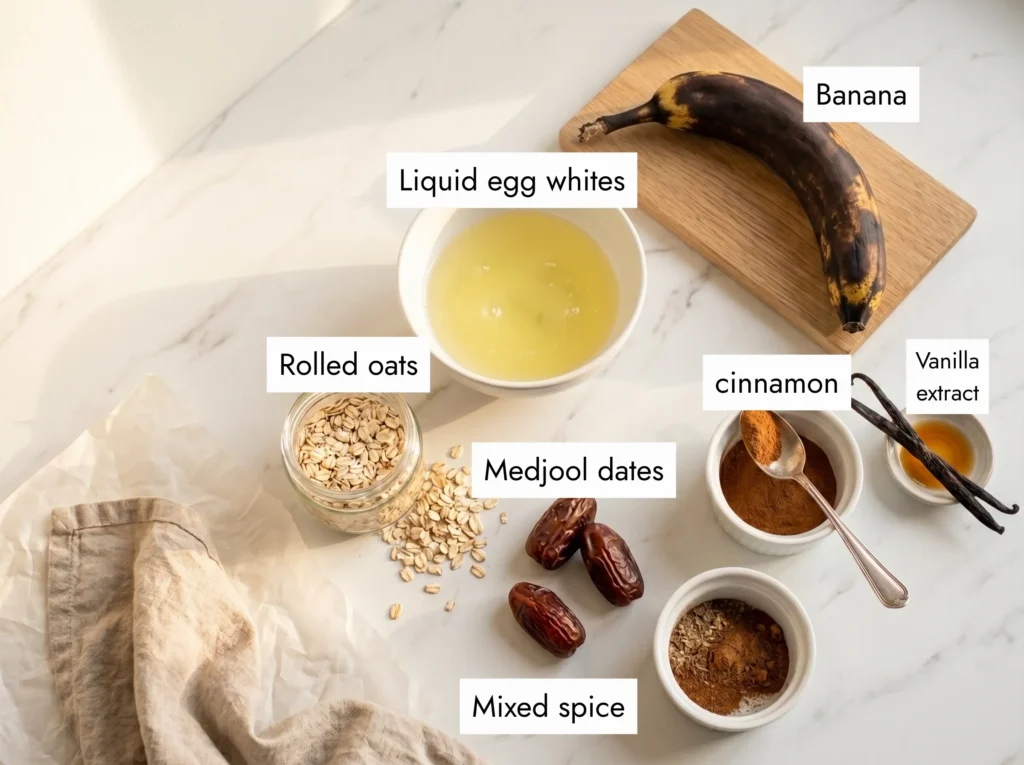 ingredients for high protein banana oatmeal flatlay — ripe banana, liquid egg whites in white bowl, rolled oats, medjool dates, cinnamon on white marble
