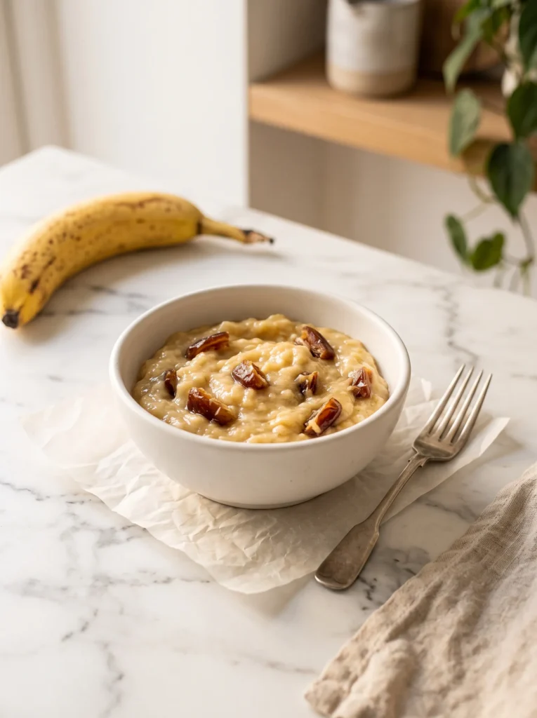 mashed ripe banana and chopped medjool dates in a white ceramic bowl, natural sweetener for banana bread oatmeal