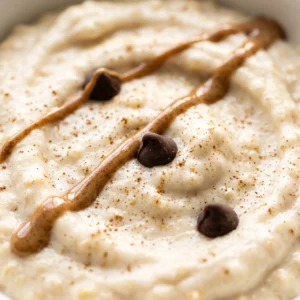 close up texture of high protein banana oatmeal with almond butter drizzle and chocolate chips, creamy fluffy surface