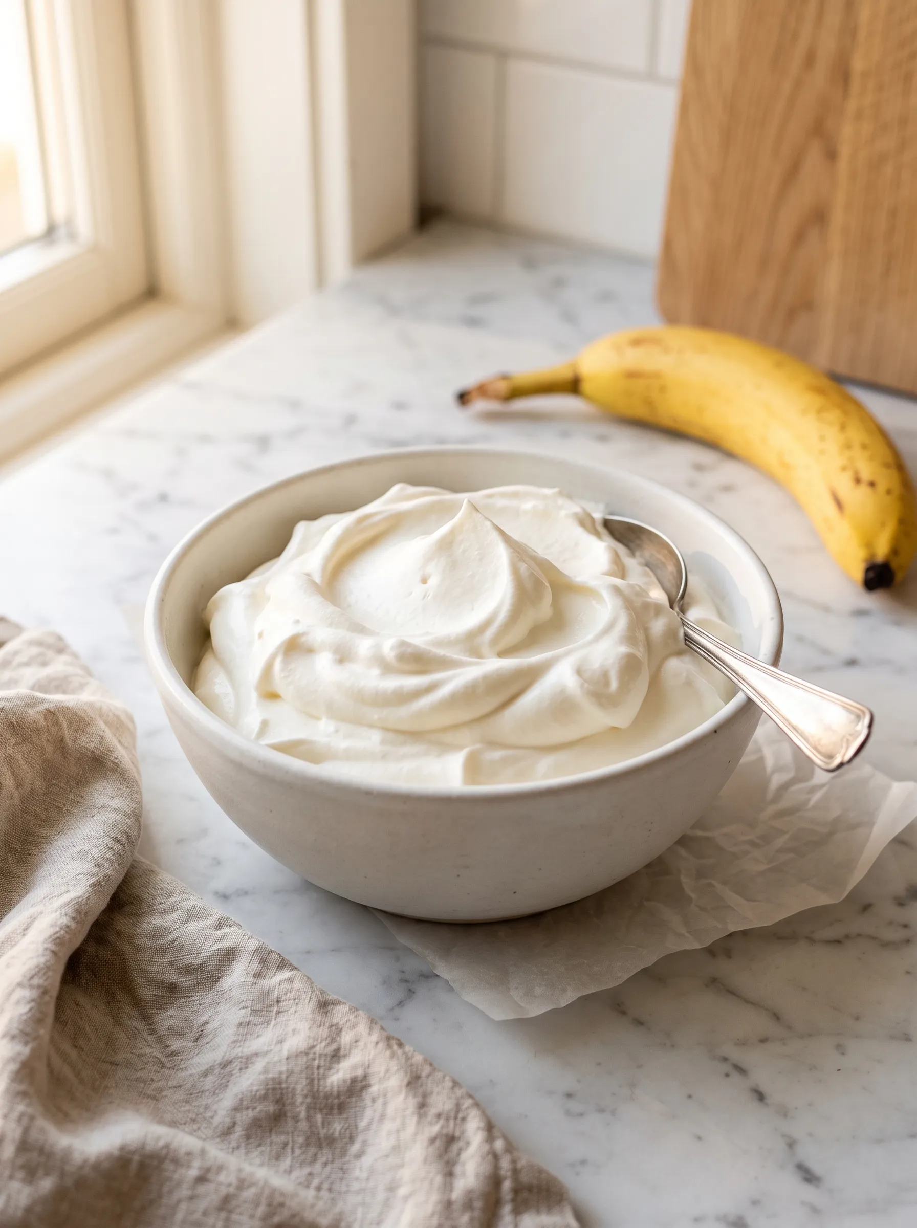 homemade whipped cream with soft peaks in a chilled white ceramic bowl — step 2 of the creamy no-bake banana pudding recipe