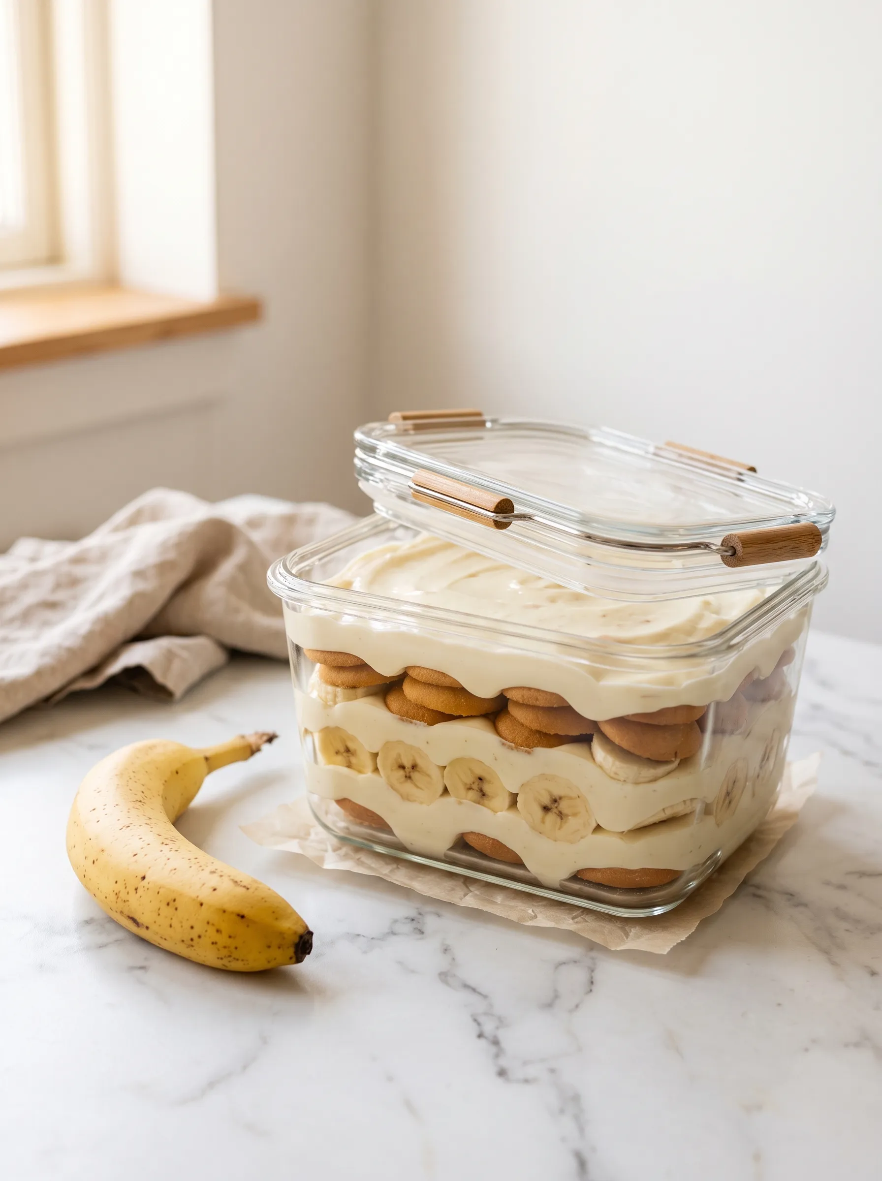 banana pudding stored in an airtight glass container in the fridge — how long does banana pudding last and storage tips for no-bake banana pudding recipe