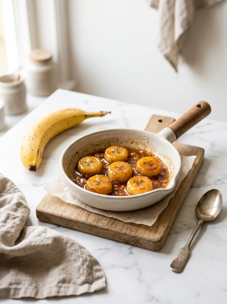 banana slices caramelizing in a pan with maple syrup and cinnamon — golden glossy topping for banana bread overnight oats