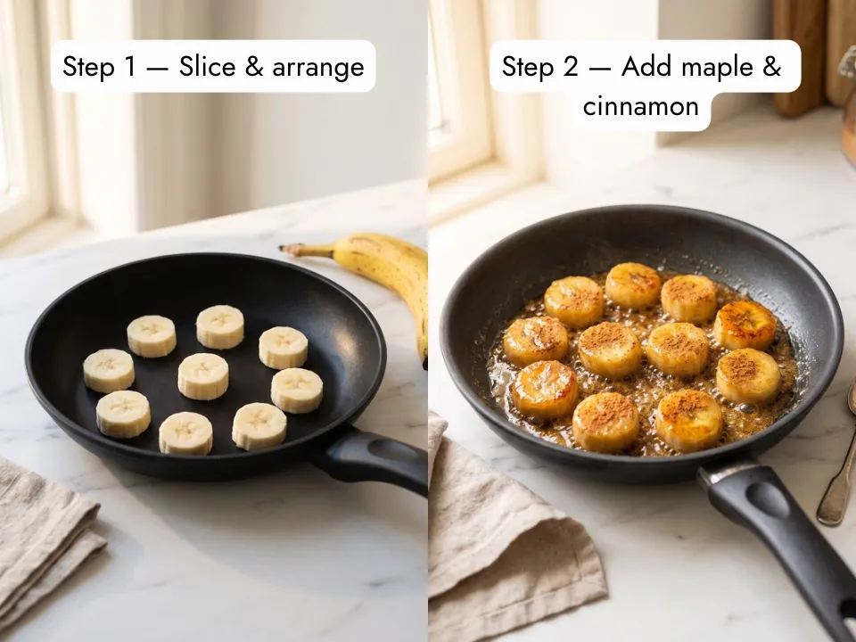 Step-by-step process of how to caramelize bananas in a skillet — raw slices on the left, maple syrup and cinnamon added on the right