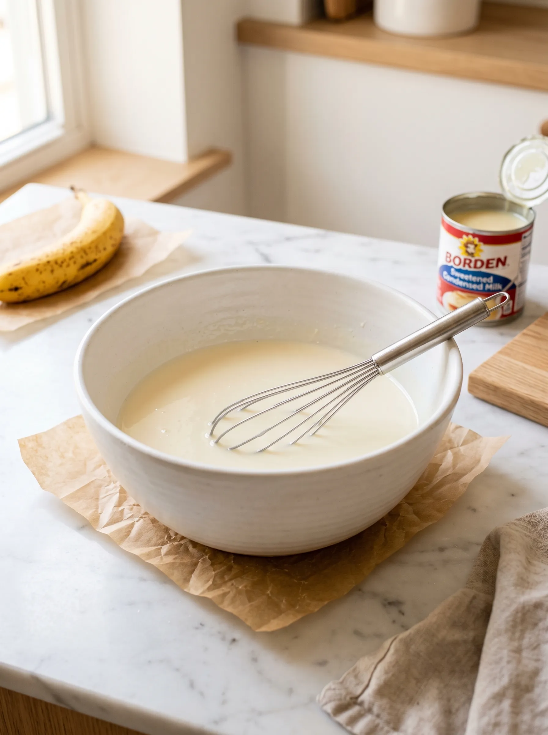 whisking sweetened condensed milk and whole milk together in a large white bowl — step 1 of the no-bake banana pudding recipe with condensed milk