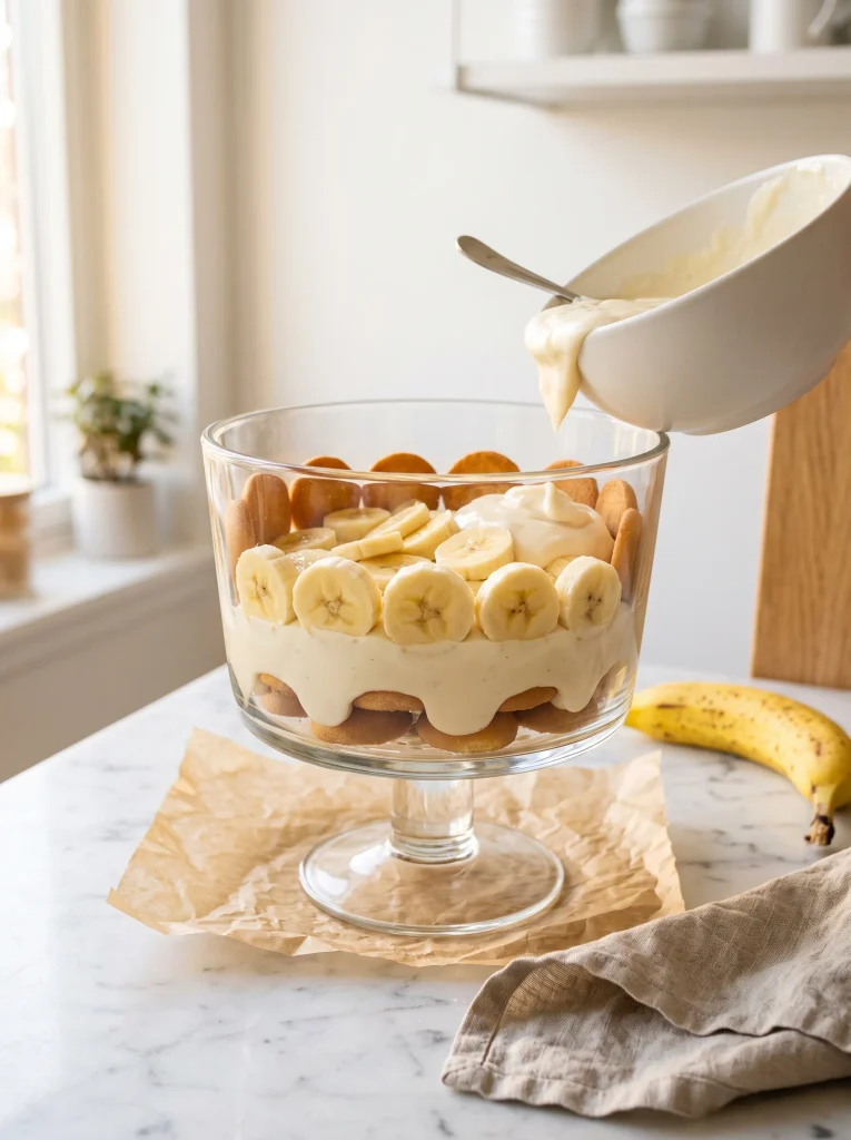layering nilla wafers and ripe banana slices in a glass trifle dish — step-by-step banana pudding recipe assembly with vanilla wafer banana pudding layers