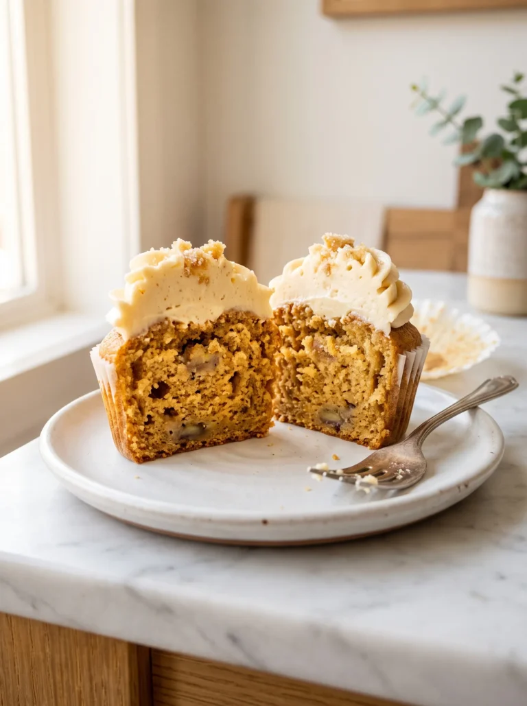 Moist banana cupcake cut in half showing soft golden crumb and banana pieces inside — moist banana cupcake recipe