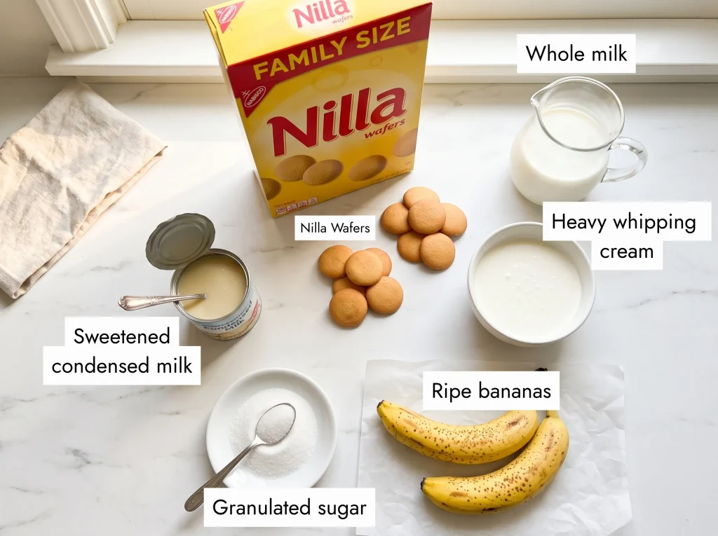 no-bake banana pudding recipe ingredients flat lay on white marble — whole milk, sweetened condensed milk, instant vanilla pudding mix, heavy cream, nilla wafers family size box, and ripe bananas