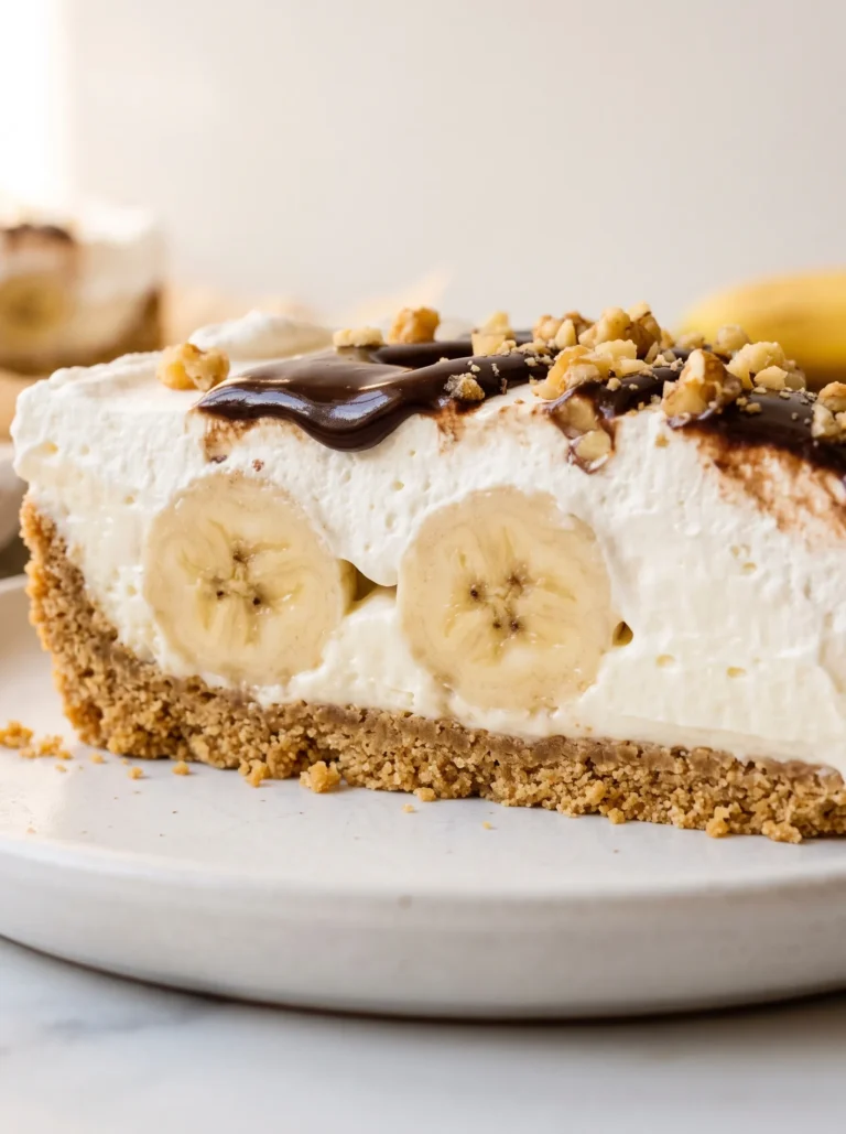 full 9x13 pan of no-bake banana split cake with chocolate drizzle cherries and walnuts, easy banana split cake recipe for a crowd