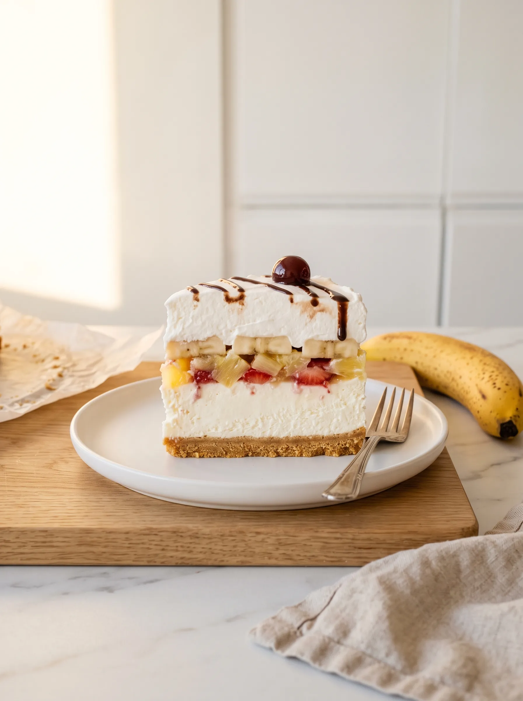 close-up slice of no-bake banana split cake showing five distinct layers, easy banana split cake recipe