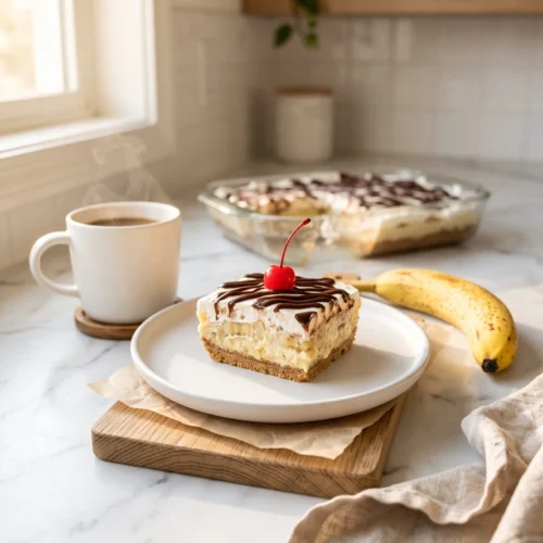 no-bake banana split cake served on white marble counter with morning coffee, banana split dessert summer recipe