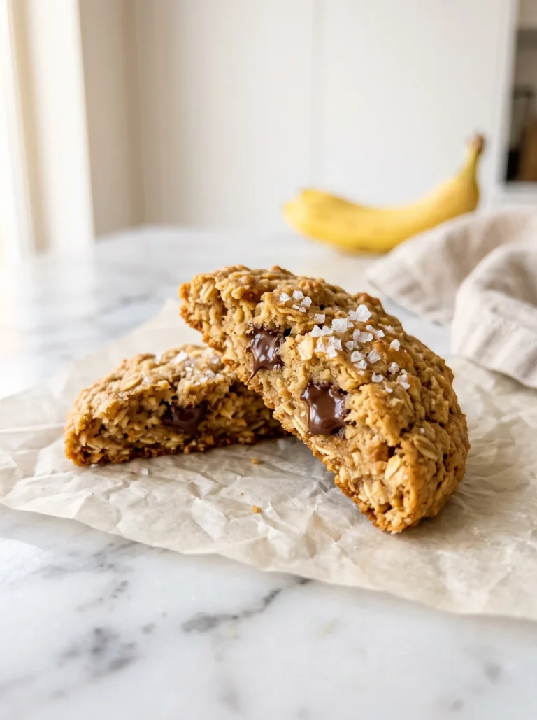 Extreme close-up of peanut butter banana oatmeal cookie broken in half, soft chewy golden interior, melted dark chocolate chips, flaky sea salt, warm morning light