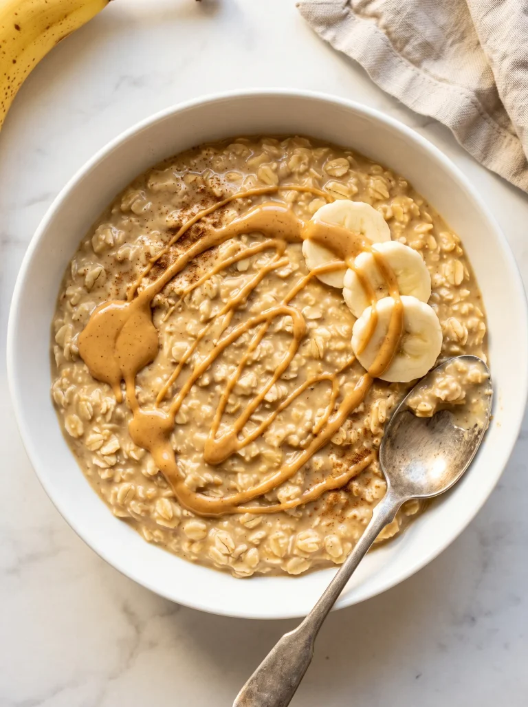 Overhead view of peanut butter banana overnight oats in a white bowl with peanut butter drizzle, fresh banana slices and a vintage spoon