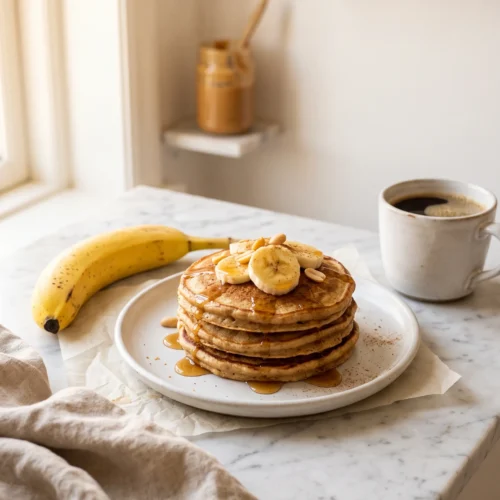 peanut butter banana pancakes on white ceramic plate with coffee mug cozy morning breakfast scene
