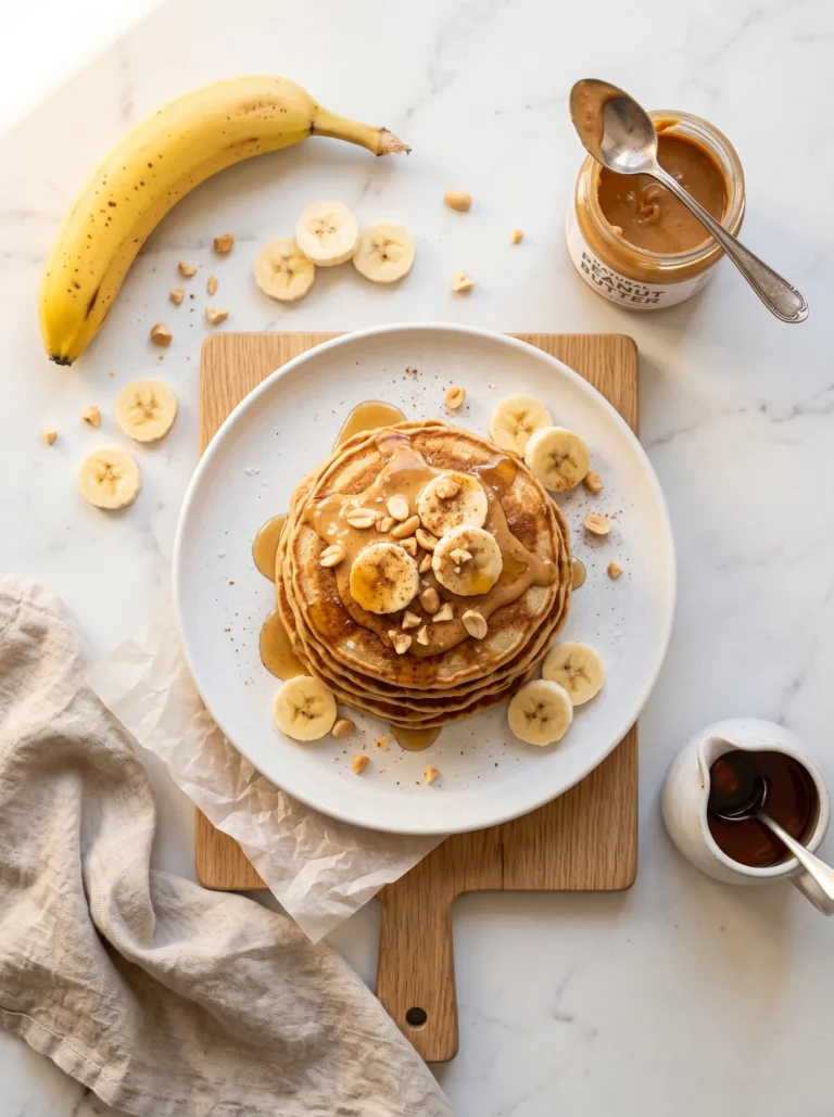 overhead flat lay peanut butter banana pancakes with banana slices maple syrup and peanut butter jar on white marble