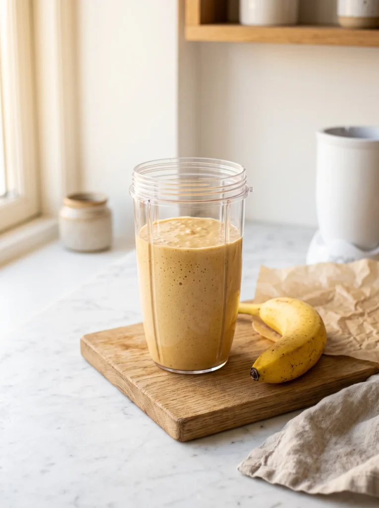 smooth flourless peanut butter banana pancake batter in NutriBullet personal blender ready to pour