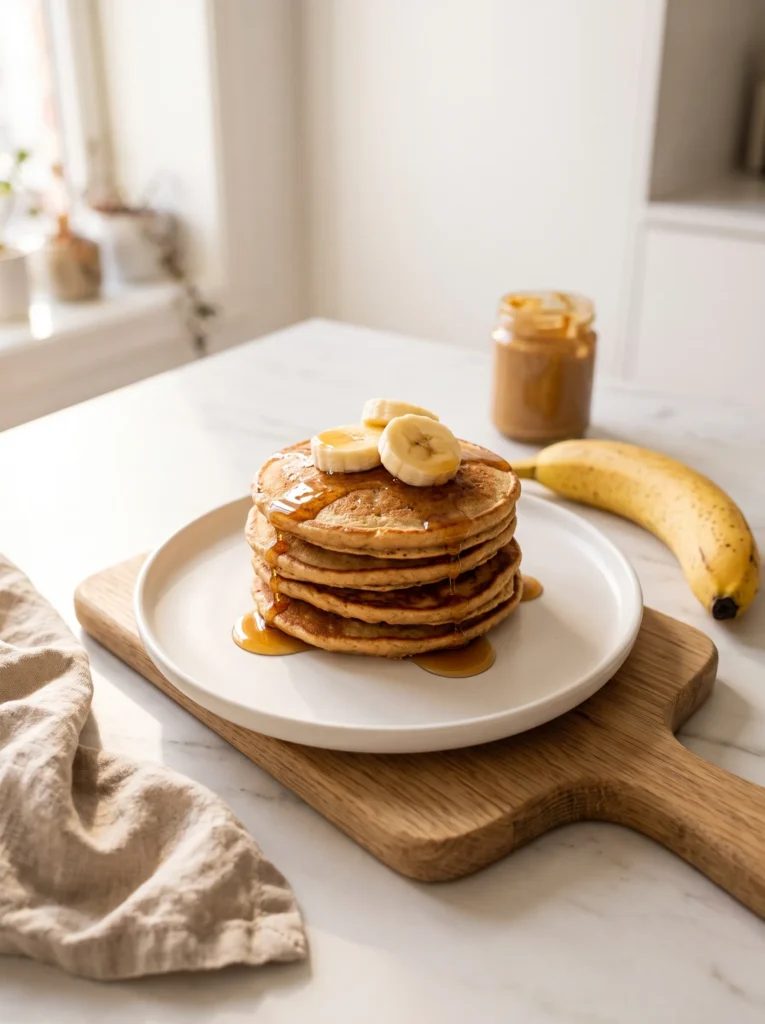 fluffy flourless peanut butter banana pancakes stacked with banana slices and maple syrup on white marble