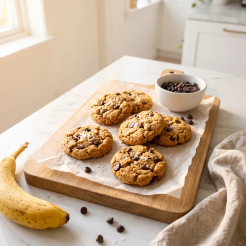 full batch of 6 peanut butter banana protein cookies on oak board with dark chocolate chips and sea salt — high protein breakfast cookies