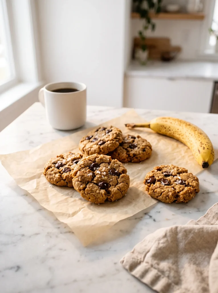 peanut butter banana protein cookies cooling on parchment paper beside a white ceramic coffee mug — cozy morning kitchen