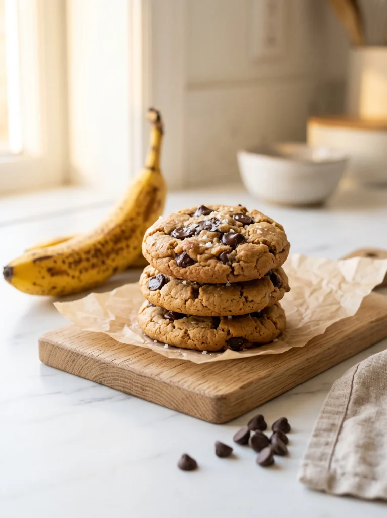 peanut butter banana protein cookies stacked on white marble with dark chocolate chips and flaky sea salt