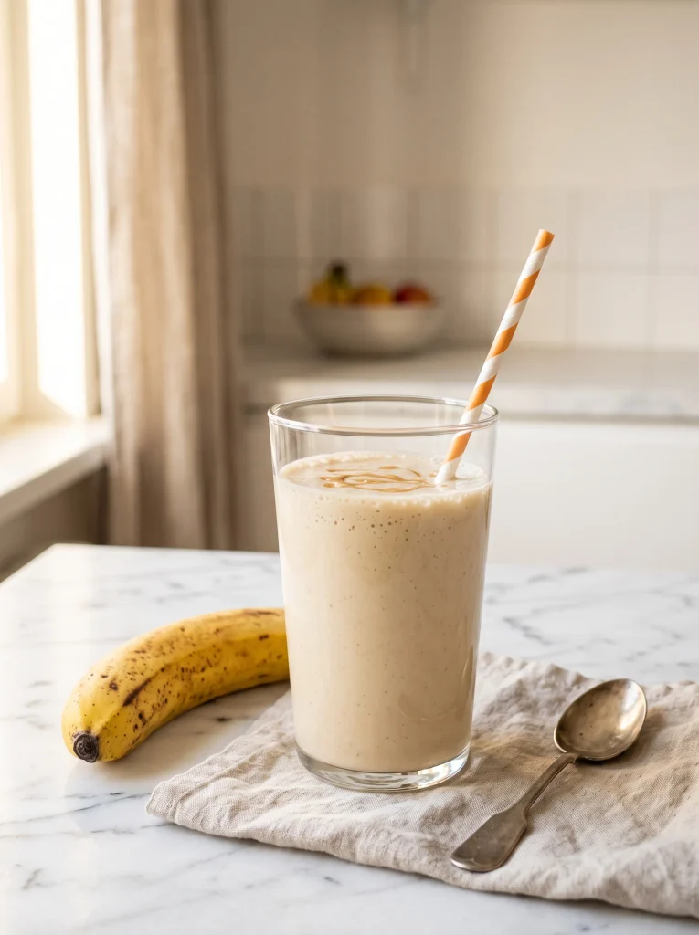 peanut butter banana smoothie in clear glass on white marble — smooth beige texture visible through glass with striped straw