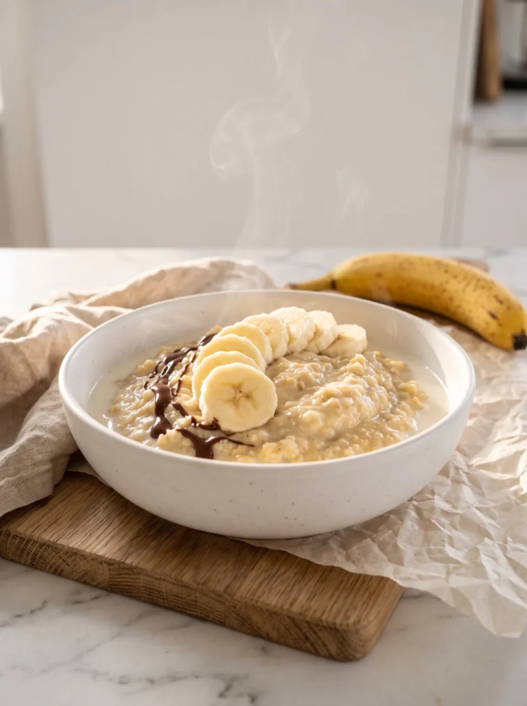 Warm bowl of banana oatmeal with fresh banana slices, chocolate drizzle and steam rising, served on an oak board