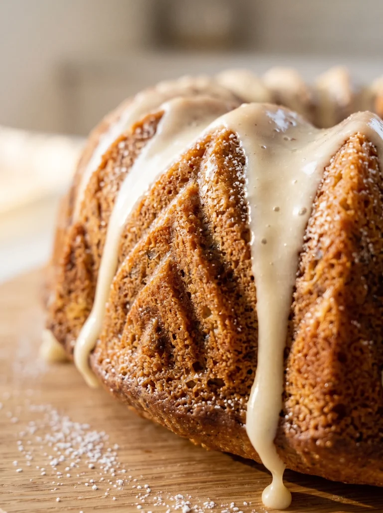 golden banana bundt cake with cream cheese glaze dripping over sculpted ridges on oak wood board