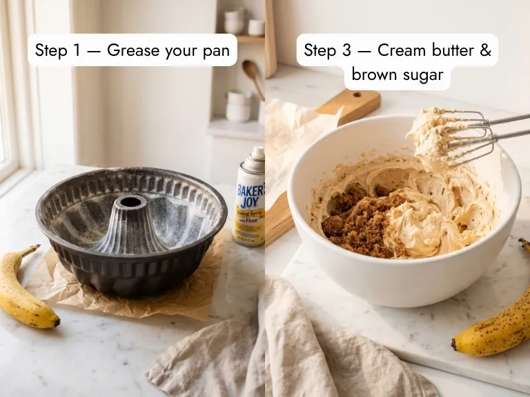 how to make banana bundt cake step by step — greasing the bundt pan and creaming butter with brown sugar