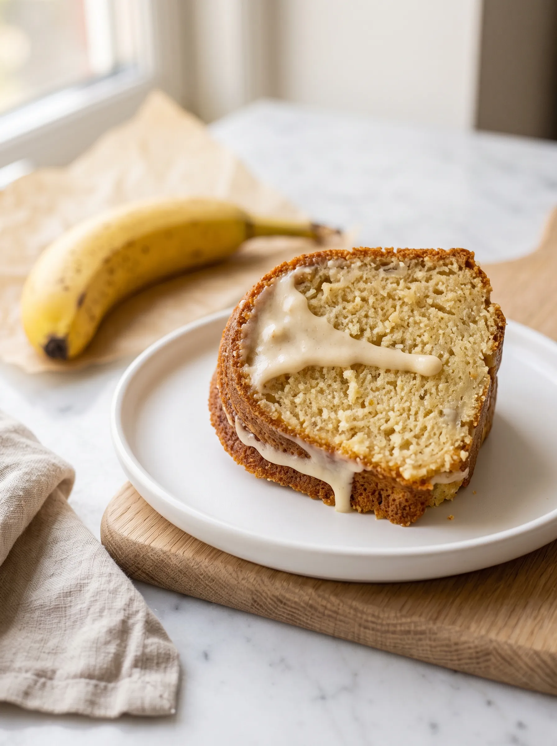 close up of moist banana bundt cake crumb showing soft golden interior and cream cheese glaze