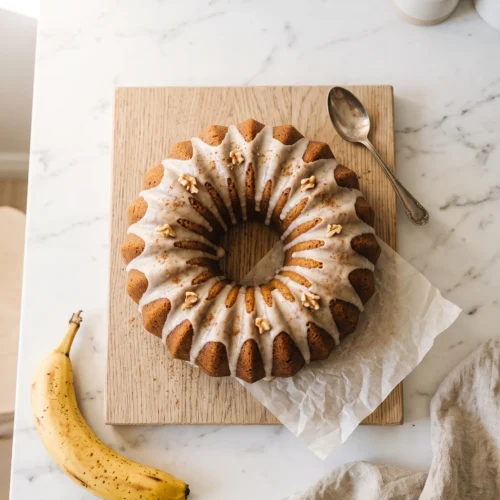 banana bundt cake overhead flat lay on marble with ripe bananas parchment paper and linen napkin