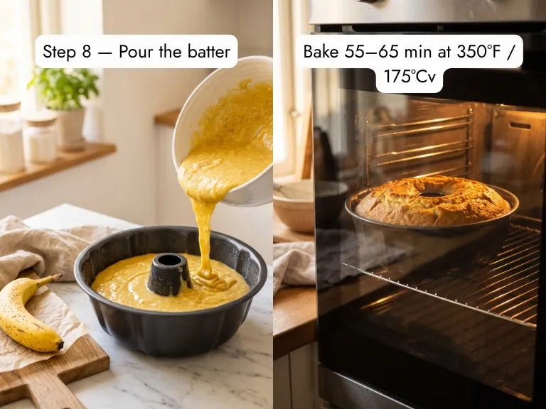 banana bundt cake batter poured into bundt pan and baking golden in oven at 350 degrees fahrenheit
