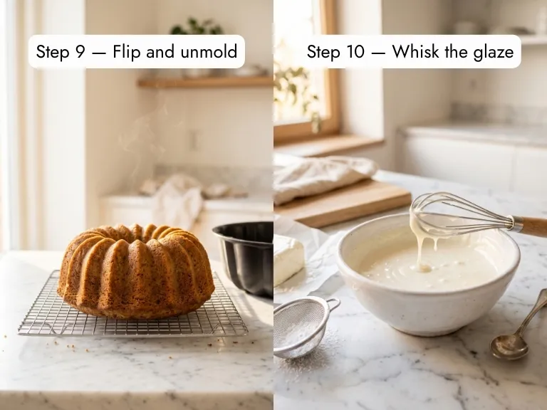 banana bundt cake finishing steps — unmolding from pan, cooling on wire rack, and whisking cream cheese glaze