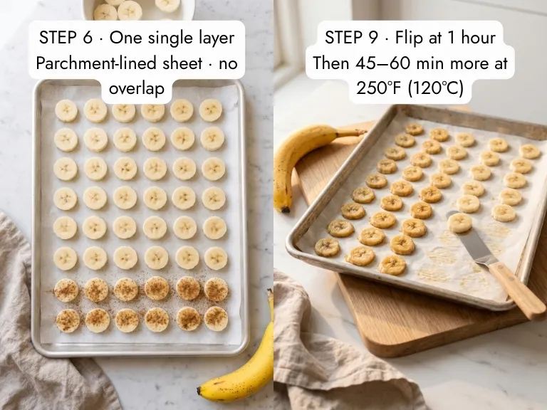 Banana chips in the oven step by step: lemon-dipped slices in one layer on a parchment-lined sheet, then half-baked chips flipped at 1 hour