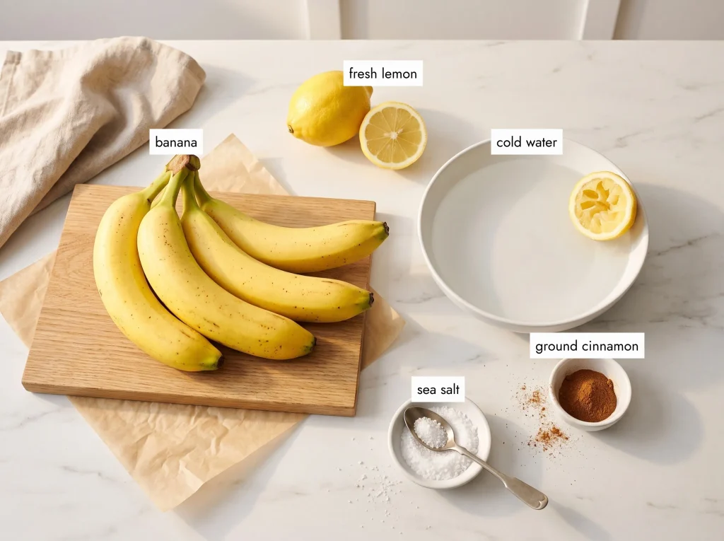 Banana chips ingredients: four firm yellow bananas, a halved lemon, a bowl of cold water, cinnamon and sea salt on marble