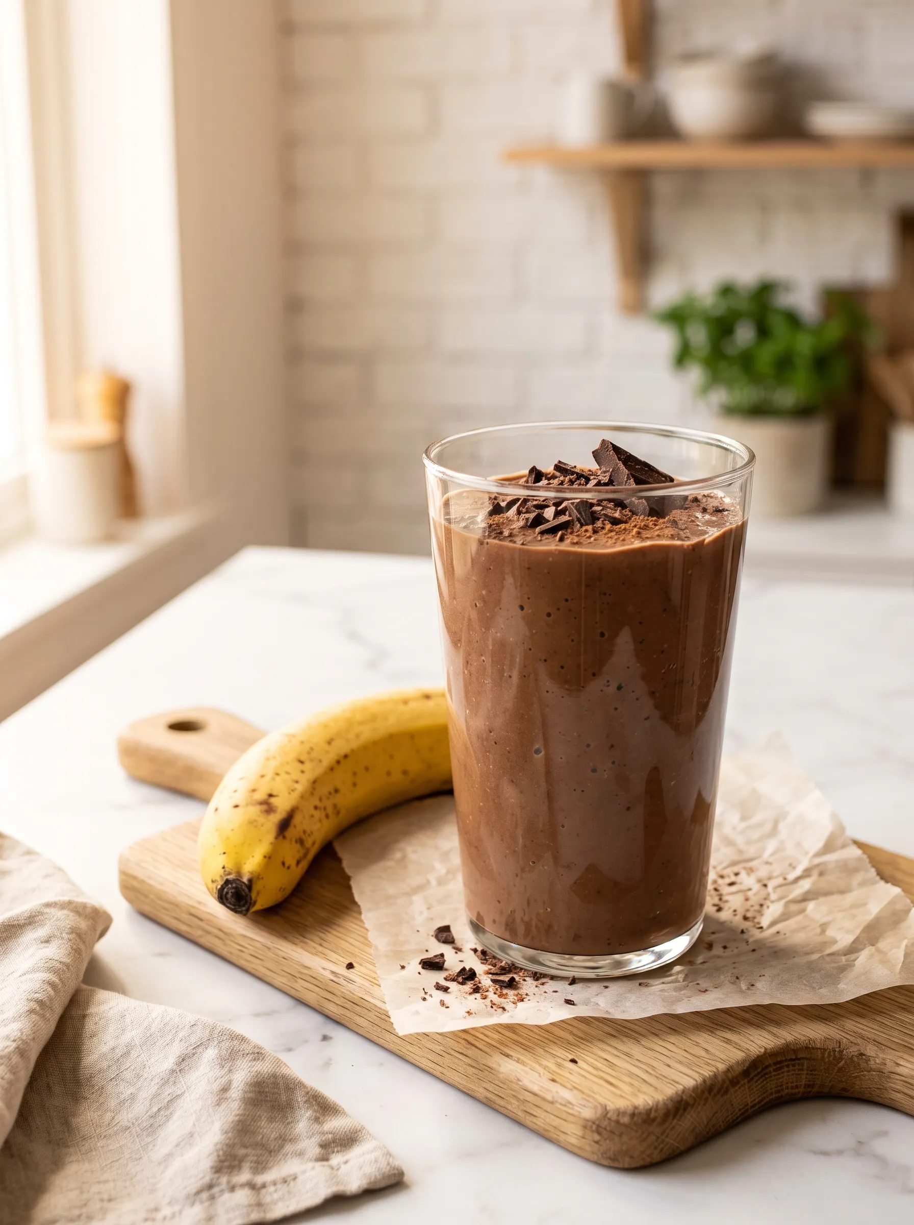 Banana chocolate smoothie in a clear glass topped with dark chocolate shards