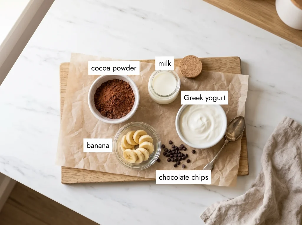 Ingredients for a banana cocoa smoothie recipe — frozen banana, cocoa powder, yogurt, milk