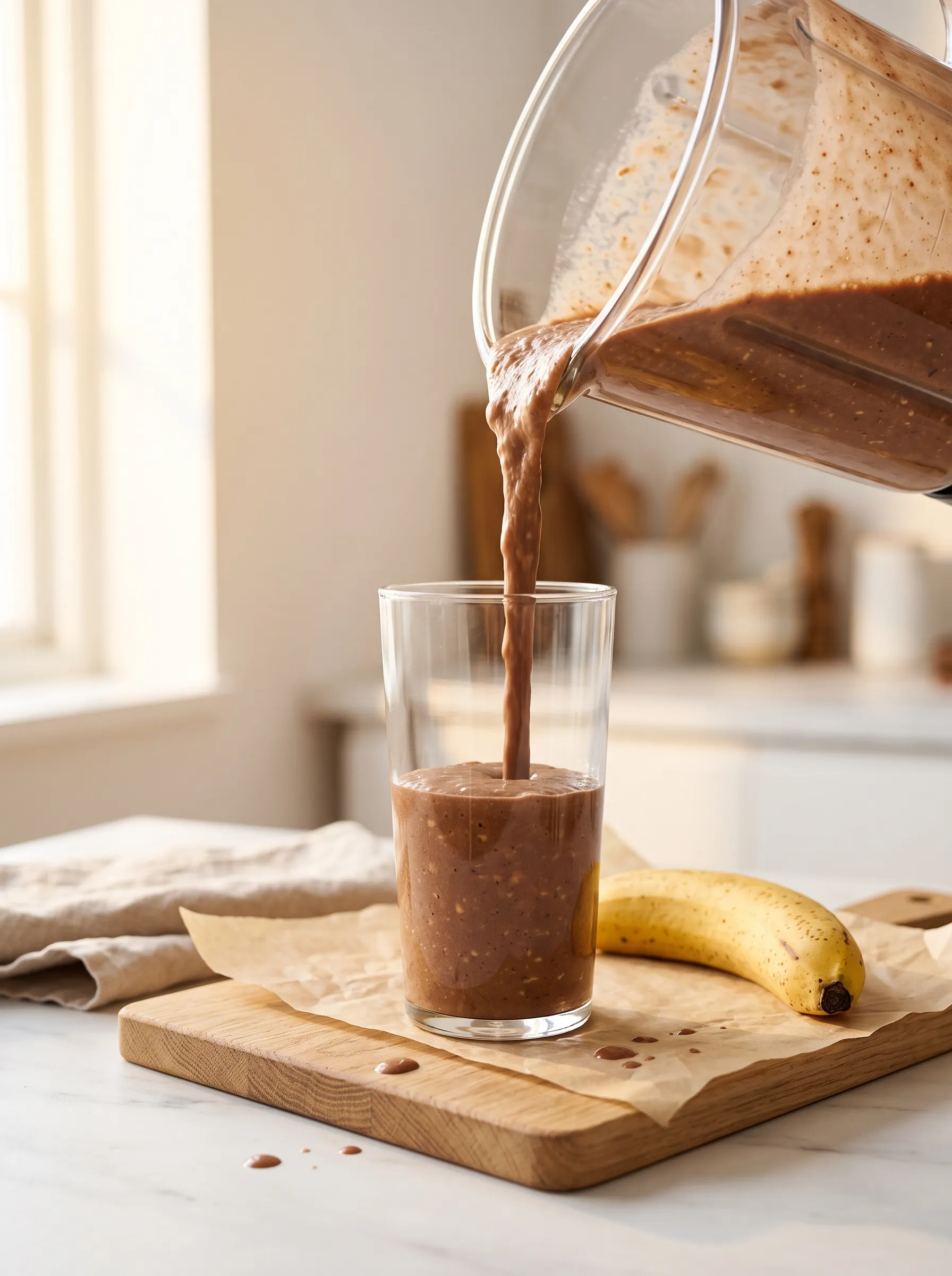 Pouring a chocolate banana smoothie recipe into a clear glass
