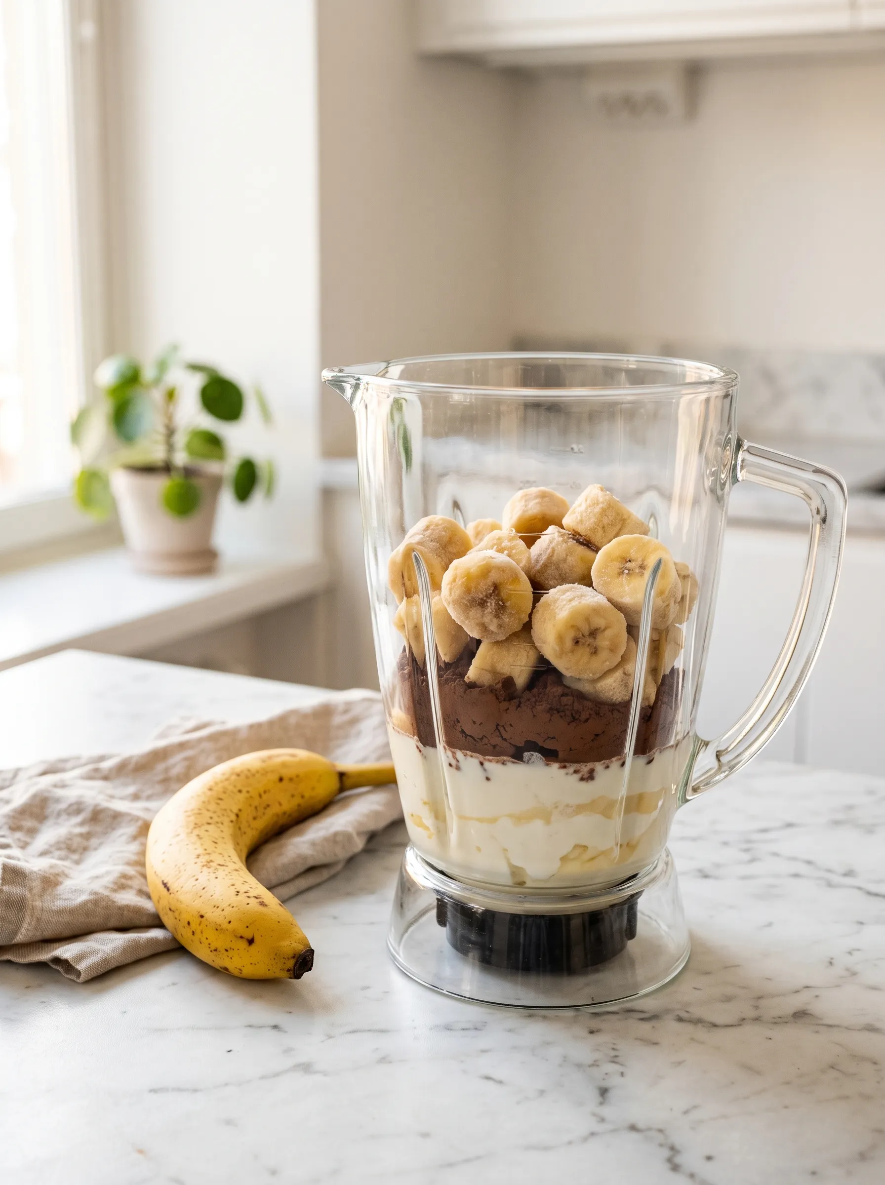 Cocoa powder and frozen banana slices layered in a blender for a chocolate banana smoothie