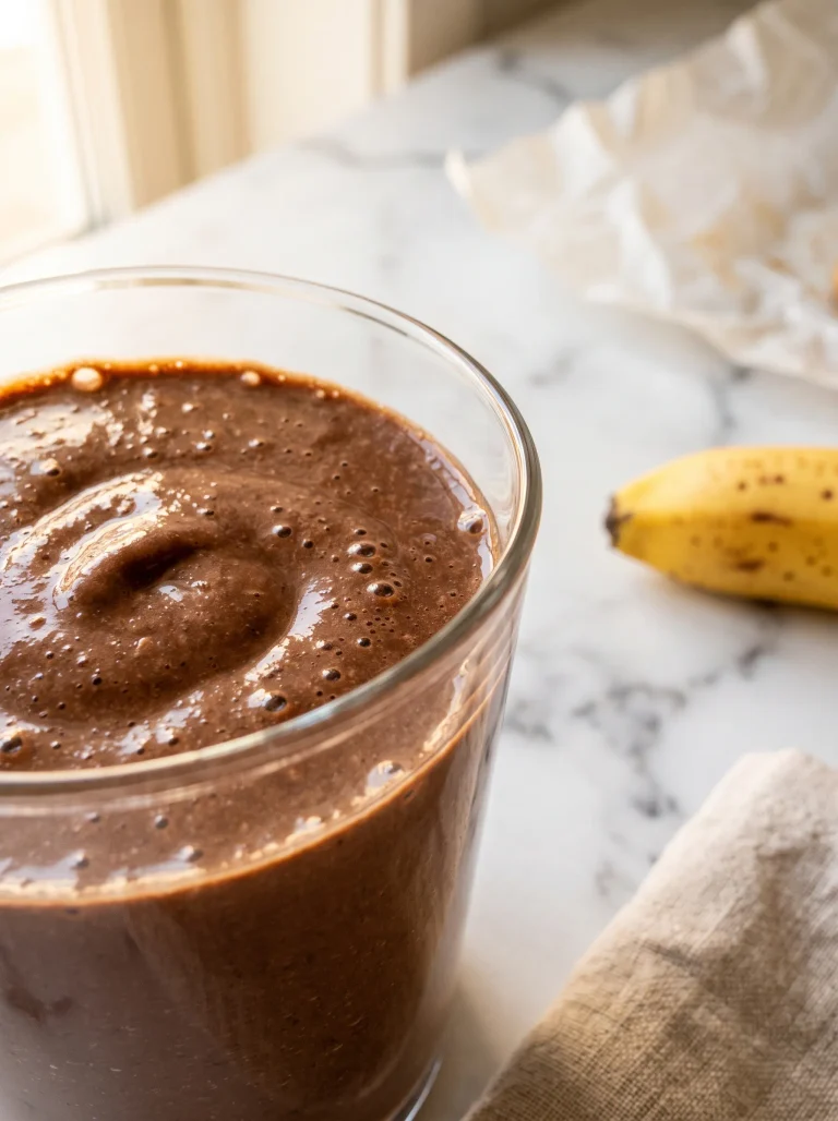 Healthy chocolate banana smoothie recipe served in a clear glass with cocoa powder