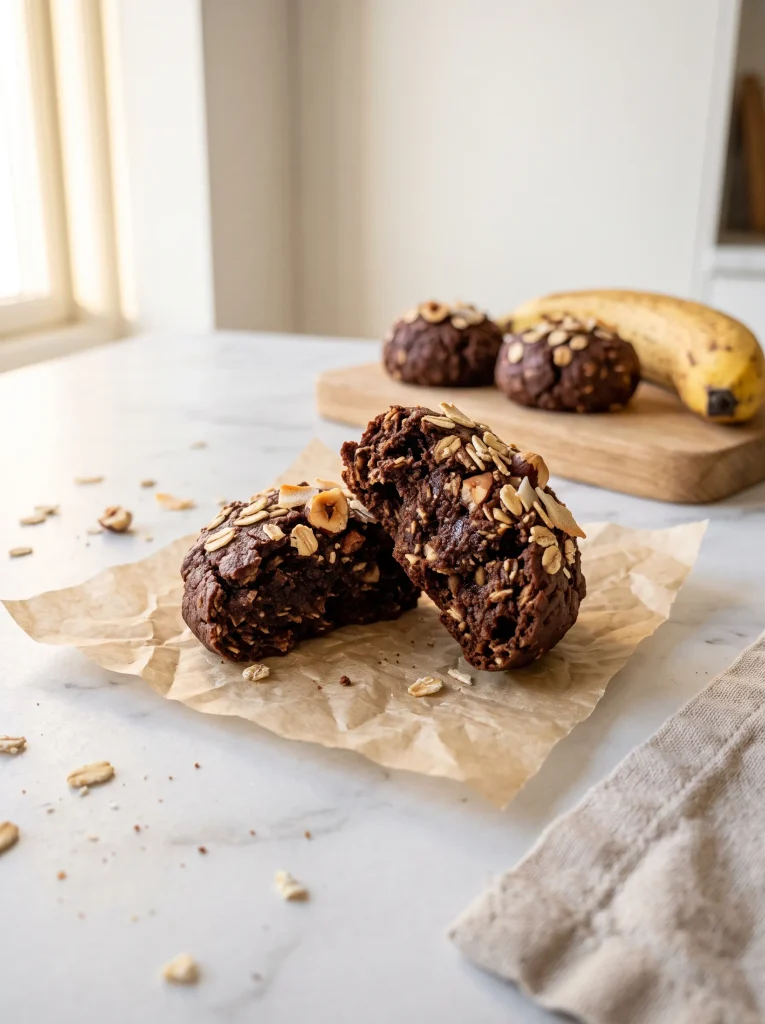 Banana cocoa bite broken in half showing a soft, fudgy inside with rolled oats and chopped toasted hazelnuts