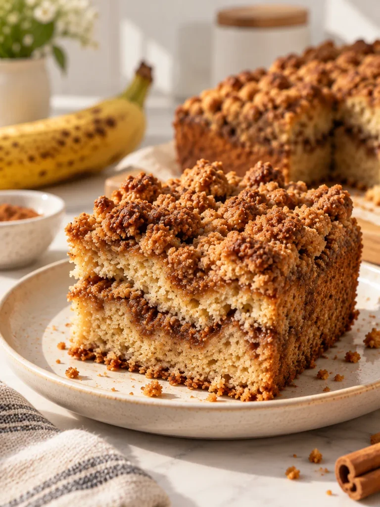 Moist banana coffee cake crumb with cinnamon streusel texture close-up