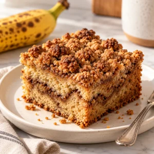 Banana coffee cake with cinnamon streusel square on a white plate