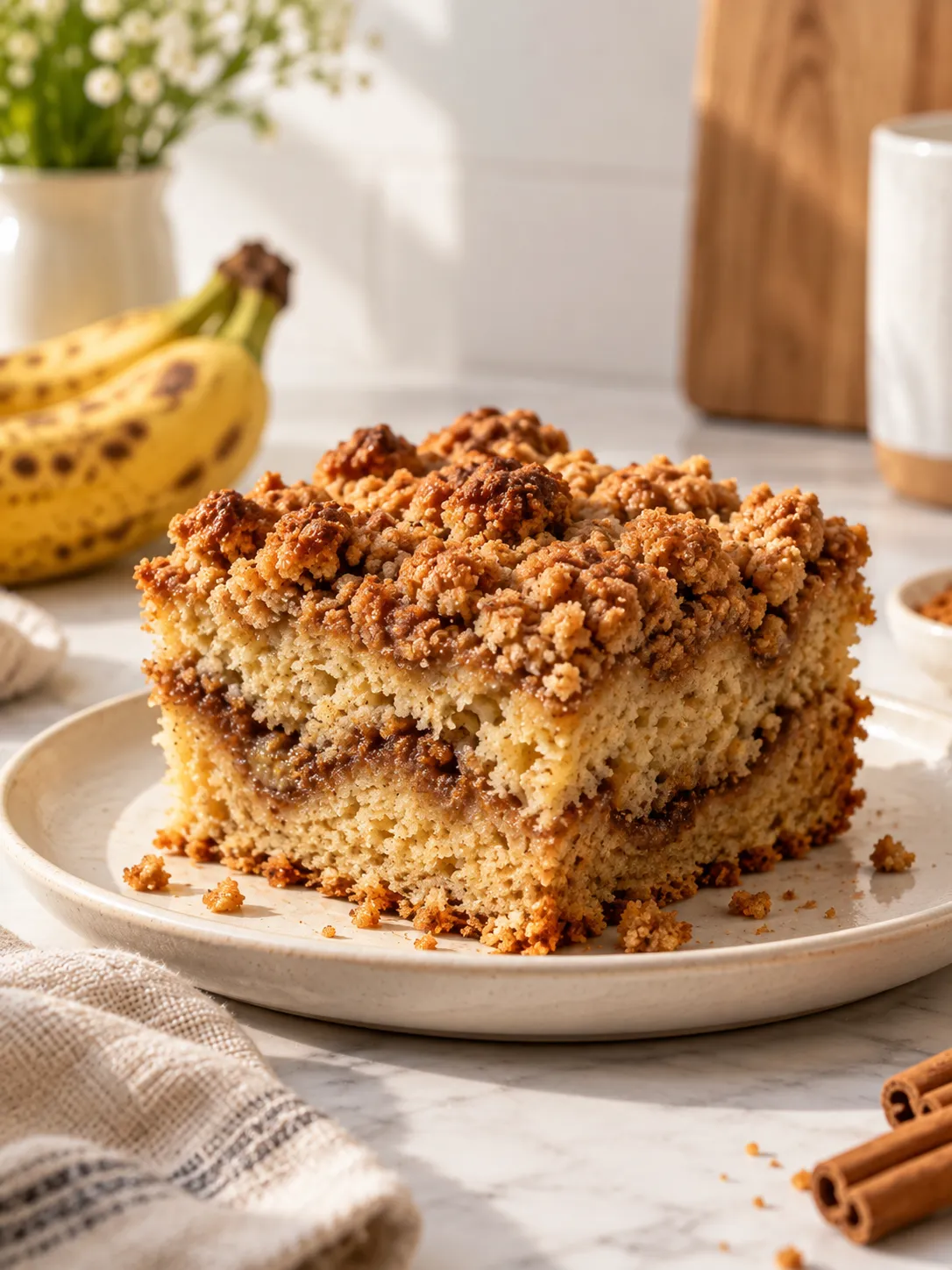 Banana coffee cake with streusel slice showing cinnamon swirl insideBanana coffee cake with streusel slice showing cinnamon swirl inside