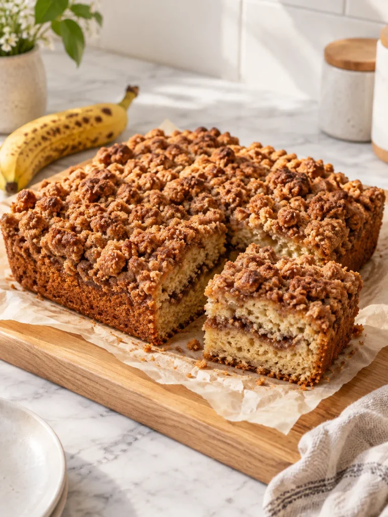 Banana coffee cake with cinnamon streusel topping, sliced open on white marble