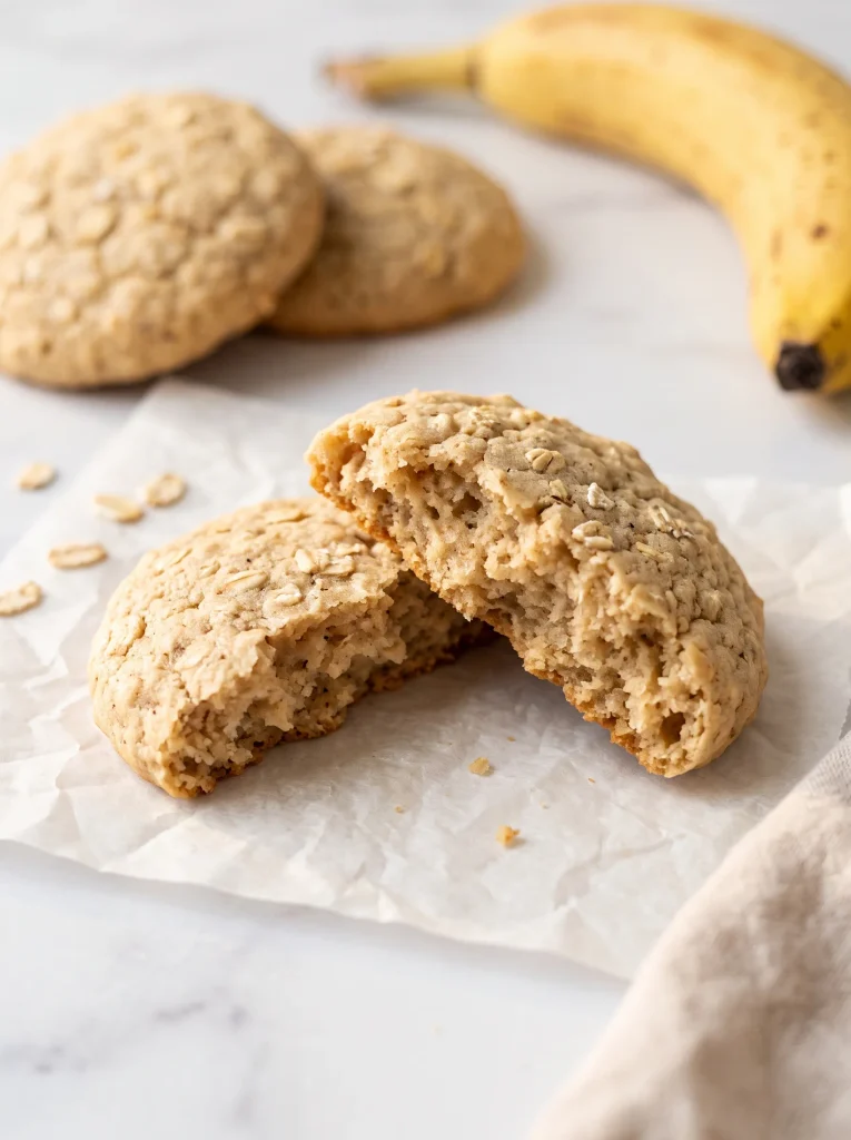 Close-up of banana cookies for toddlers broken in half, showing a soft, moist center of quick oats and mashed ripe banana